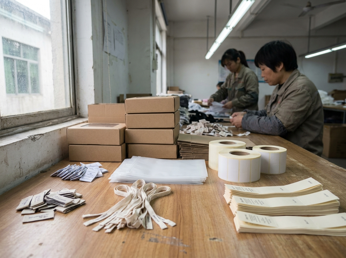 Private label trims and packaging close-up: labels, tags, and branded details