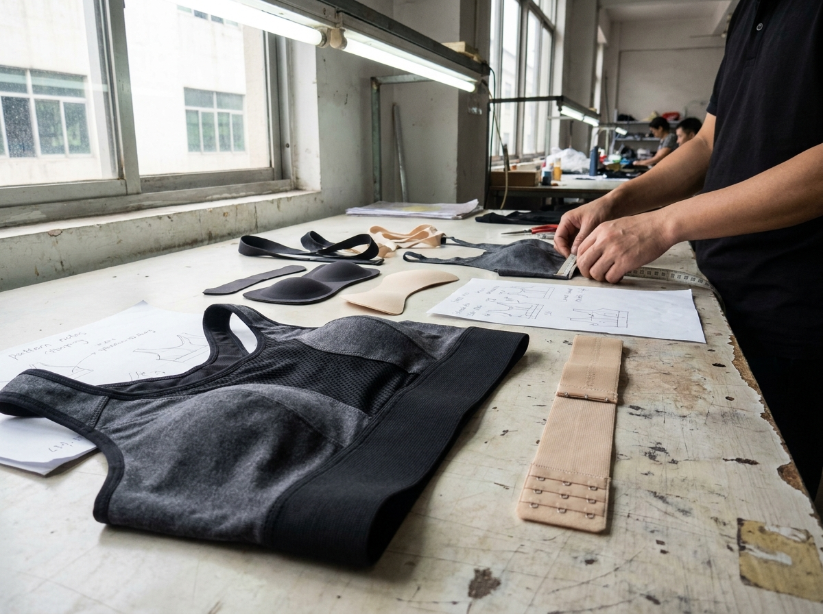 Sports bra fitting components: straps, panels, mesh, and compression materials